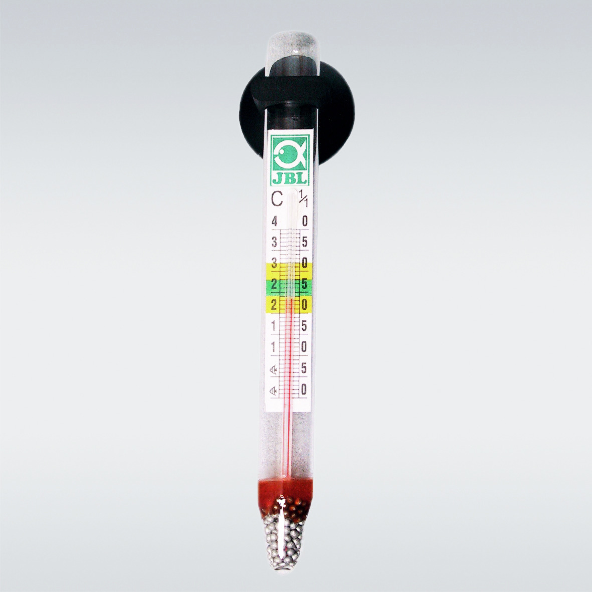 JBL Präzisionsglasthermometer für Aquarienbesitzer, präzise Wassertemp.-Messung, farbige Skala, Saugnapf, Gewichtskugeln.