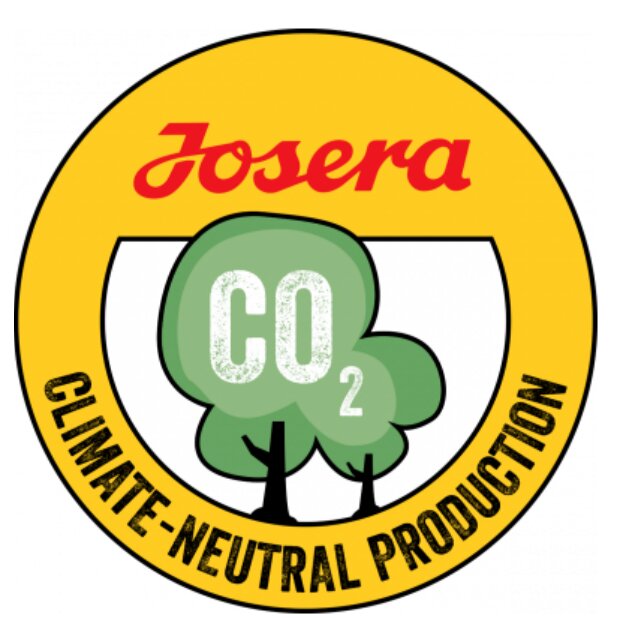 Josera, Climate-Neutral Production, Nachhaltigkeit, stilisierter Baum „CO2“, umweltfreundlich, gelber Hintergrund, schwarze Umrandung.