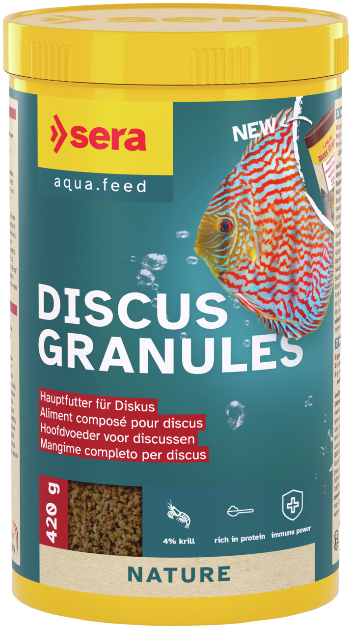 sera Discus Granules Nature, Hauptfutter für Diskusfische, 420 g, mit 4 % Krill, proteinreich, stärkt Immunabwehr, für Aquarienbesitzer.
