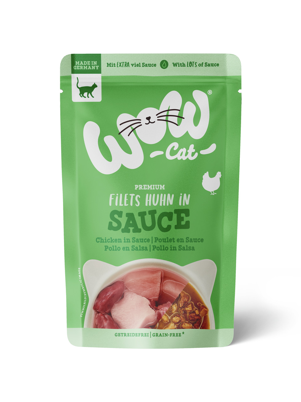 WOW CAT Premium Filets Huhn in Sauce, für Katzen, getreidefrei, extra viel Sauce, 85 g, Made in Germany.