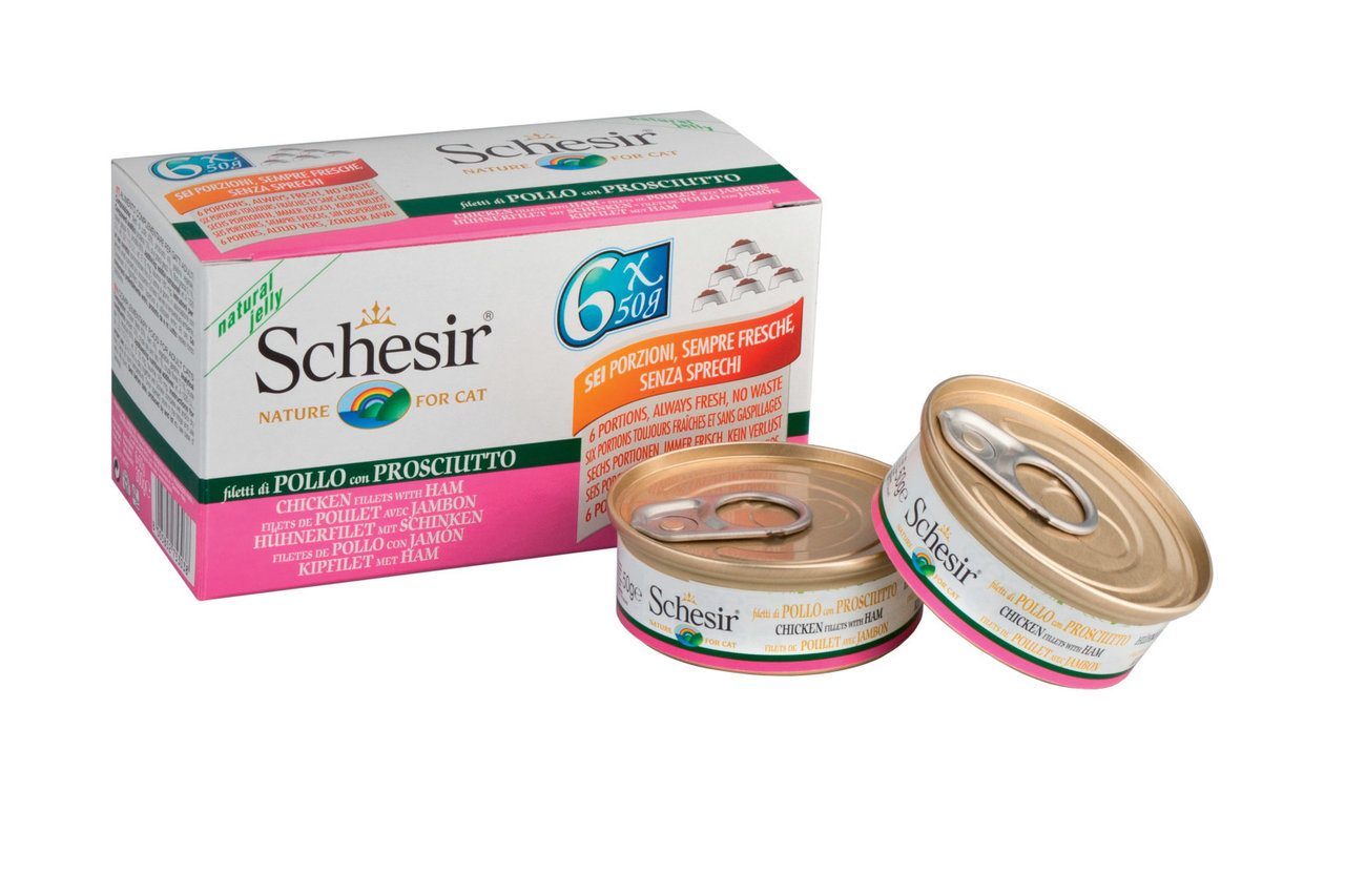 Sparpaket 8 x 6 x 50 g Schesir Adult Hühnerfilet mit Schinken in Jelly Multipack Katzen Nassfutter