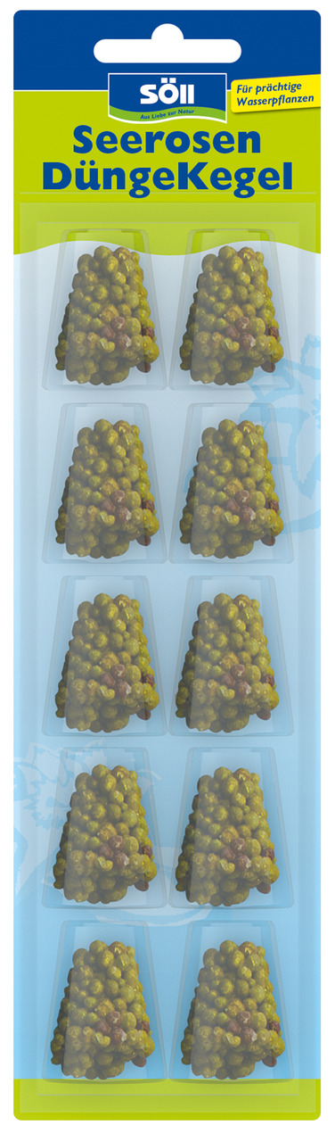 Bildbeschreibung: Verpackung des Produkts „Söll Seerosen DüngeKegel“ für prächtige Wasserpflanzen. Zehn kegelförmige Düngekegel sind in einer transparenten Kunststoffverpackung angeordnet. Die Verpackung ist blau und grün gestaltet, mit dem Söll-Logo und 