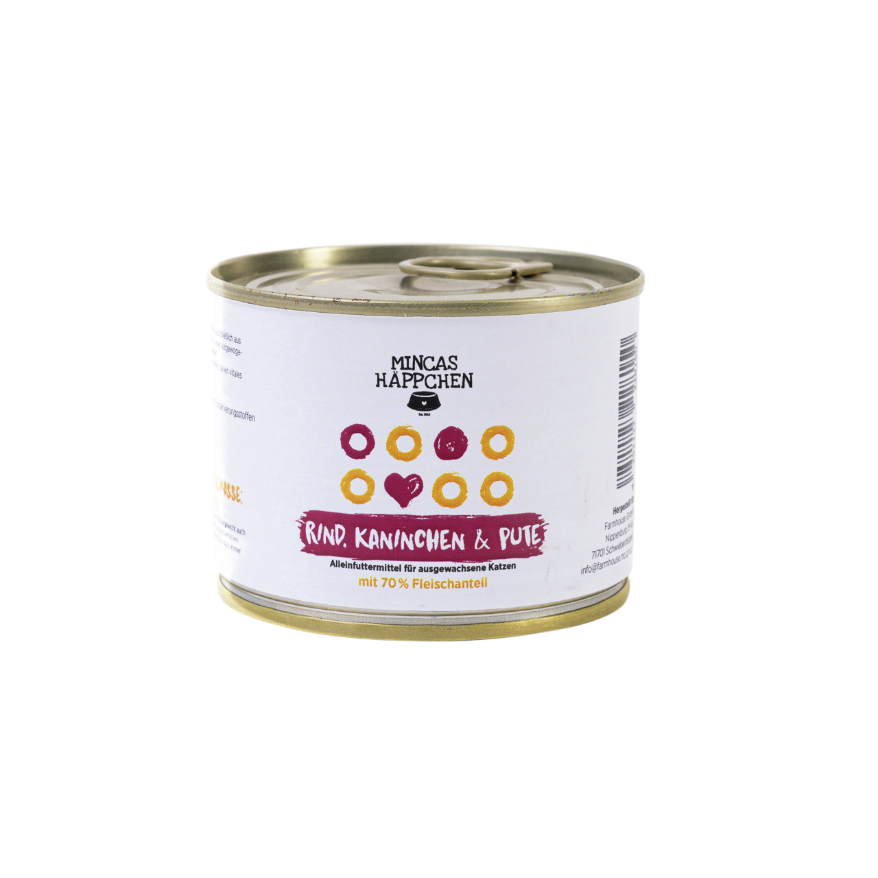 Mincas Häppchen Katzenfutter Rind, Kaninchen & Pute, Alleinfutter f. erwachsene Katzen, 70 % Fleisch, moderne Dose, Herzmotiv.