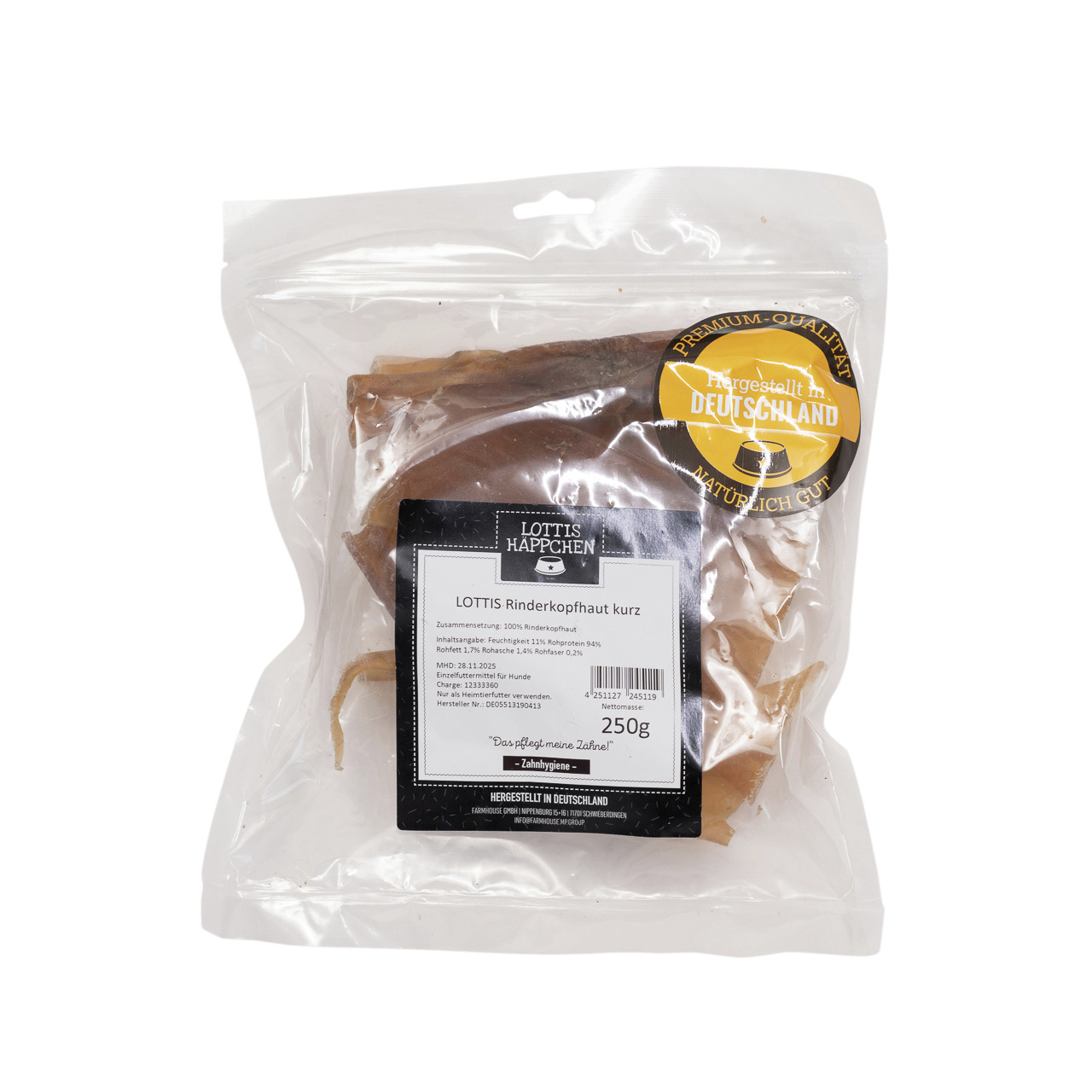 LOTTIS HÄPPCHEN Rinderkopfhaut kurz, Hundesnack, 100 % Rinderkopfhaut, 250 g, Premium-Qualität, Hergestellt in Deutschland.