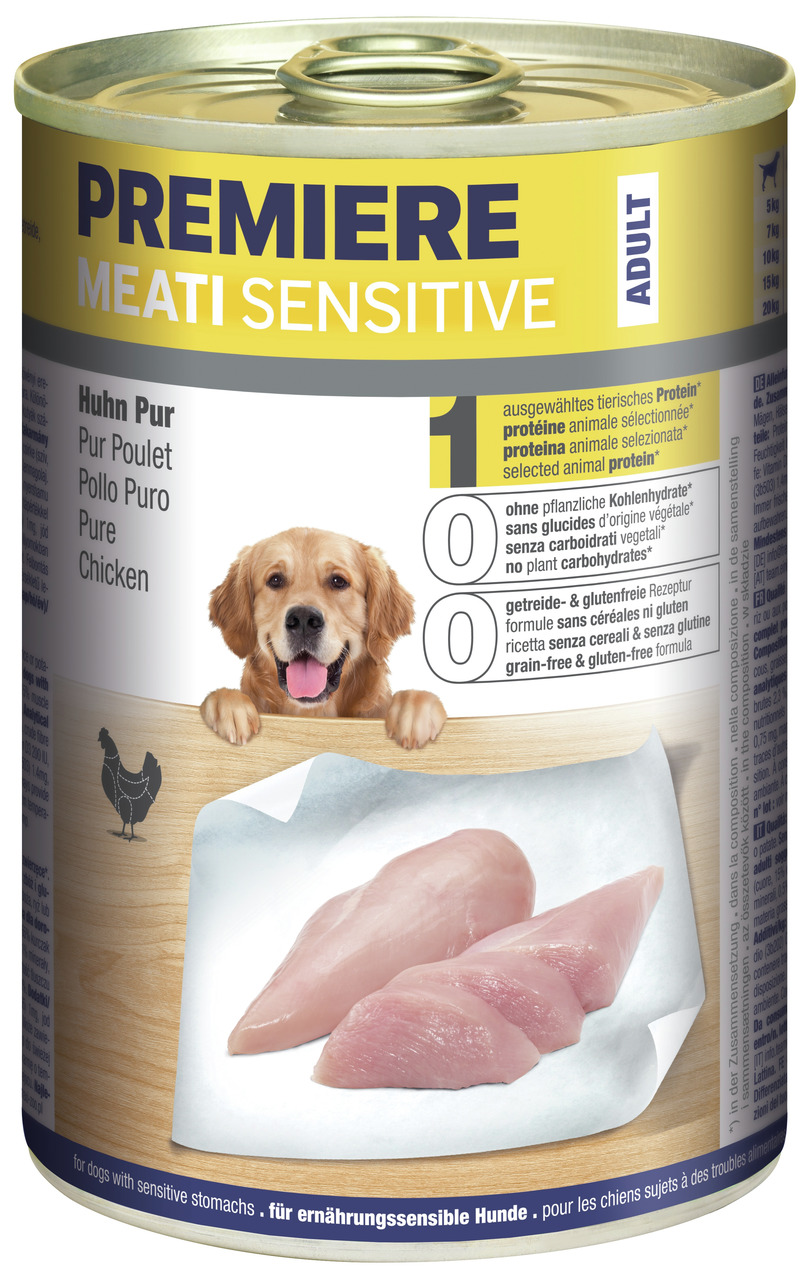 PREMIERE Meati Sensitive Huhn Pur, Nassfutter für ausgewachsene Hunde, getreide- & glutenfrei, 100% Huhn, ideal für sensible Hunde.
