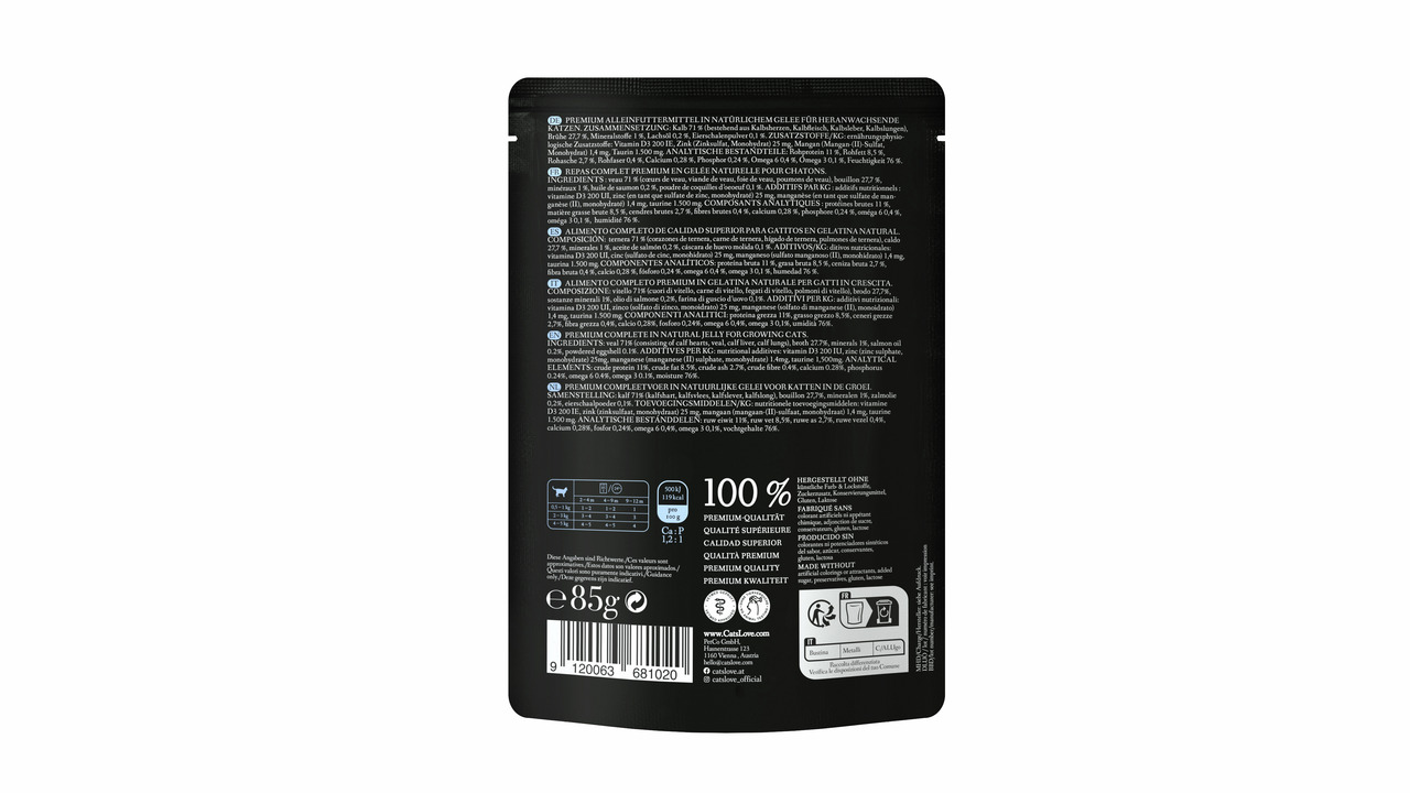 Rückseite einer schwarzen Verpackung des Katzenfutters „Cat's Love“. Es handelt sich um ein Premium-Alleinfuttermittel für ausgewachsene Katzen. Geschmacksrichtung: Huhn in Gelee. Die Verpackung enthält 85 g. Hergestellt ohne Getreide, Zuckerzusatz und Ti