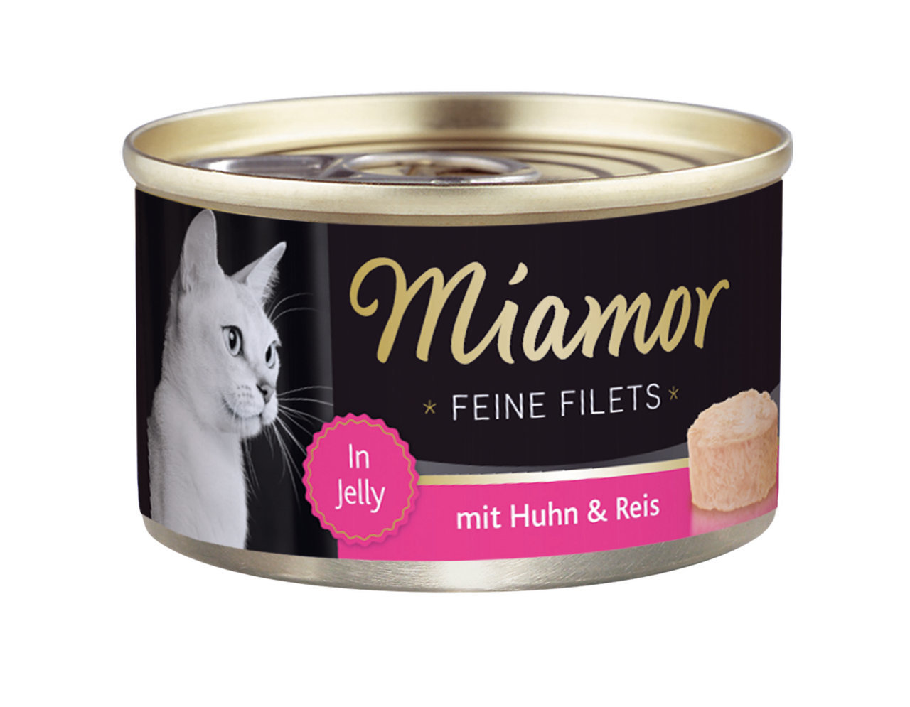 Miamor Feine Filets in Jelly, Huhn & Reis, 100 g, für Katzen. Hochwertige Qualität, weißer Katzenkopf auf der Dose.