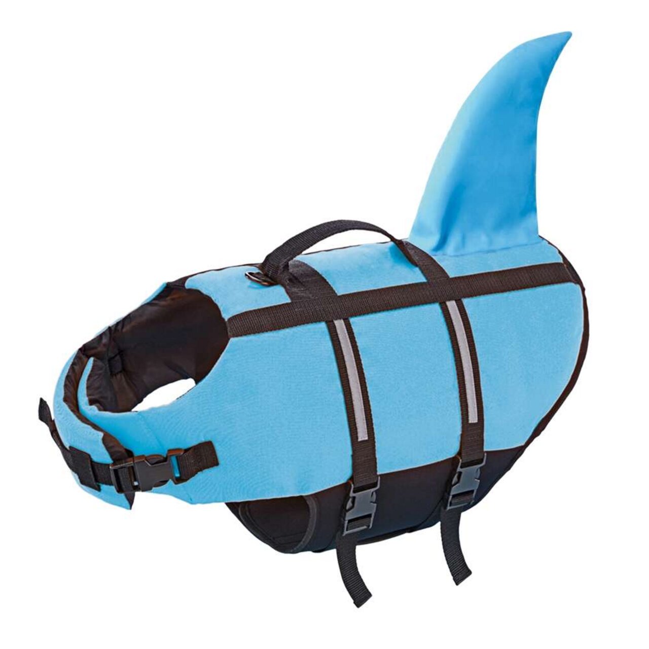 Hellblaue Nobby Schwimmweste für Hunde mit schwarzem Gurt und Rückenflosse in Haioptik, für Sicherheit im Wasser.