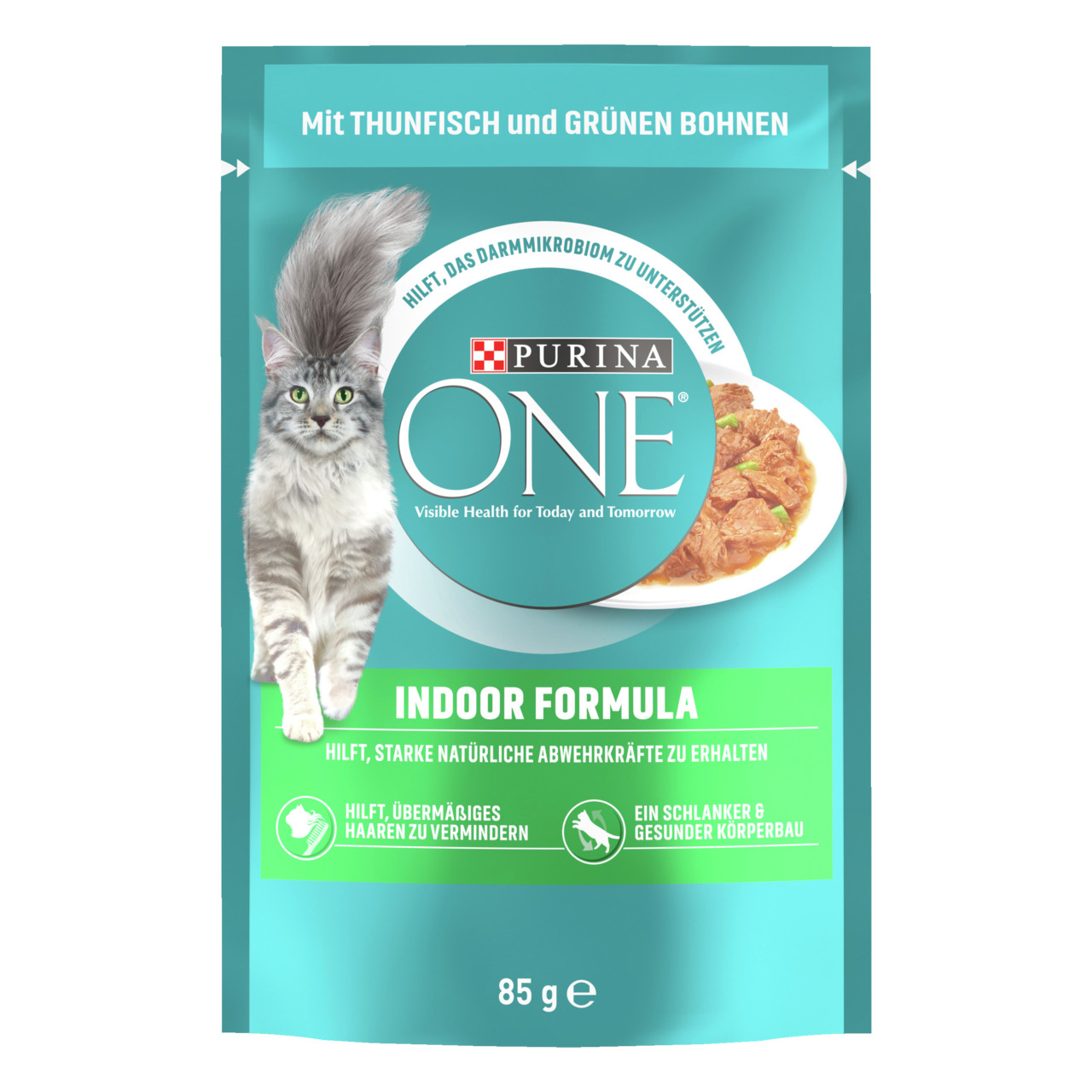 Purina ONE Indoor Formula, Hauskatzen, Thunfisch & grüne Bohnen, unterstützt Darmmikrobiota & Abwehrkräfte, 85 g, reduziert Haaren.