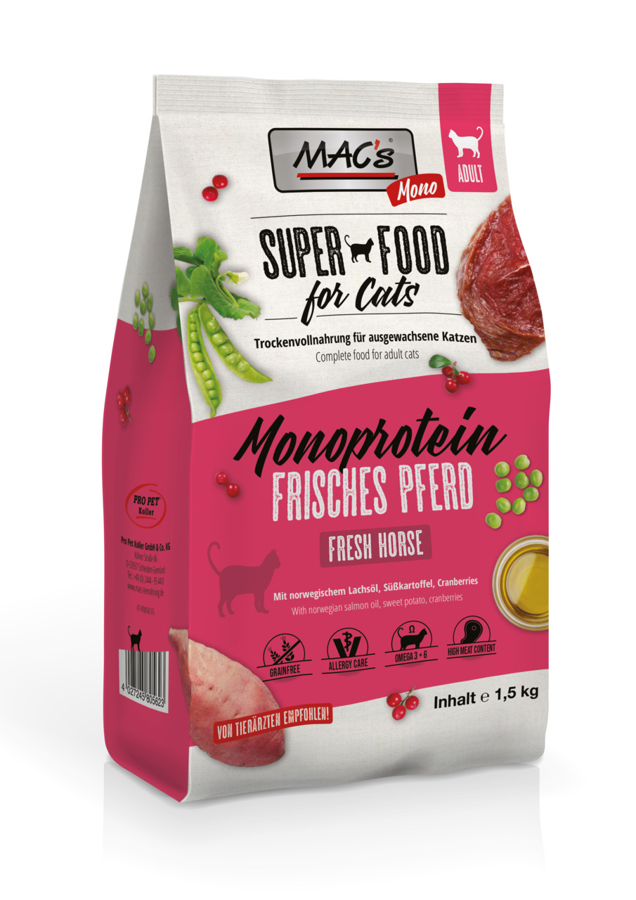 MAC's Mono Frisches Pferd, Trockenfutter f. erw. Katzen, Geschm.: Pferd, 1,5 kg, getreidefrei, allergikerfreundl., Omega-3--6, hoher Fleischant.