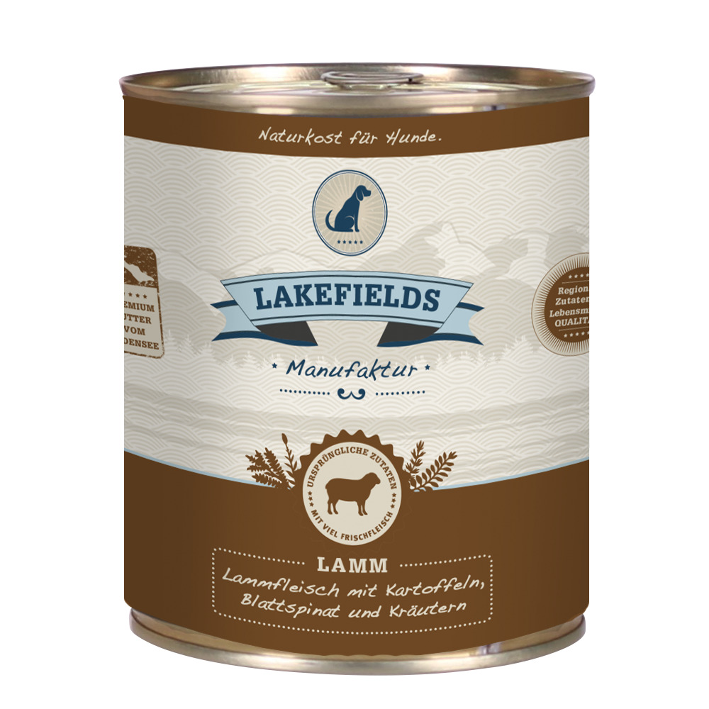 Lakefields Hundefutter Lamm, für Hunde, mit Lammfleisch, Kartoffeln, Spinat & Kräutern, „Naturkost“, „Mit viel Frischfleisch“, 400 g.