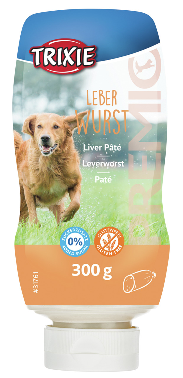 TRIXIE Leberwurst für Hunde, 300 g, glutenfrei, ohne Zuckerzusatz, orange-blaue Verpackung, „Leberwurst – Liver Pâté“.