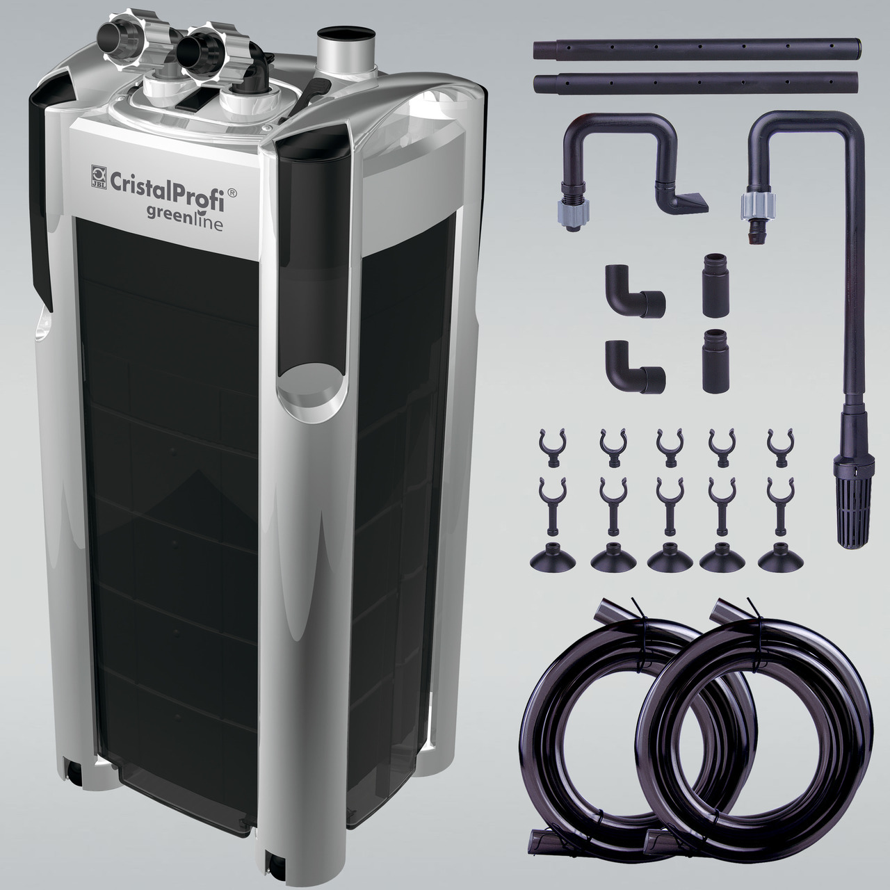 Das Bild zeigt den JBL CristalProfi greenline Außenfilter, ein hochwertiges Filtersystem für Aquarien. Der Filter ist für Süß- und Meerwasseraquarien geeignet und zeichnet sich durch seine Energieeffizienz aus. Abgebildet sind der Filterkörper, Schläuche,