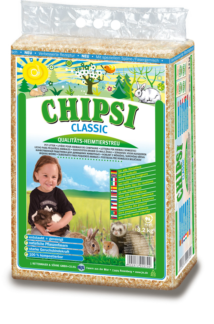 CHIPSI Classic Heimtierstreu, 3,2 kg, für Kaninchen, Meerschweinchen & Hamster, aus Pflanzenfasern, entstaubt, kompostierbar, geruchsbindend.