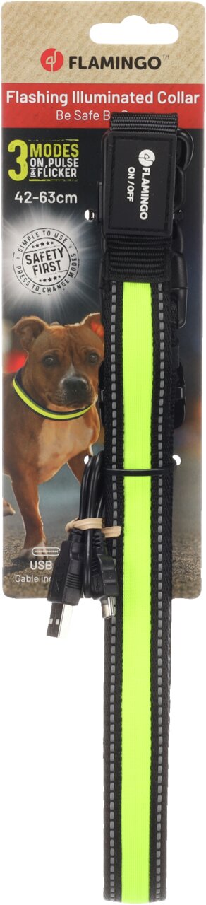 Flamingo Flashing Illuminated Collar für Hunde, leuchtendes Halsband (42-63 cm), Neon-Gelb, USB-aufladbar, 3 Modi für Sicherheit.
