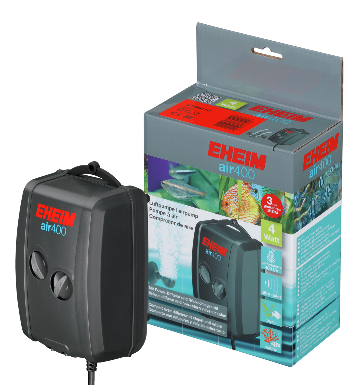 EHEIM air400 Luftpumpe, leise & stark, für Süß-/Meerwasseraquarien, 400 l/h, 4 W, 3 Jahre Garantie.