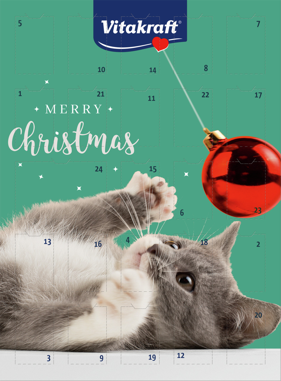 Vitakraft Adventskalender f. Katzen, 24 Türchen m. Leckerlis, Zielgruppe: Katzen, Motiv: graue Katze, rote Kugel, grün.