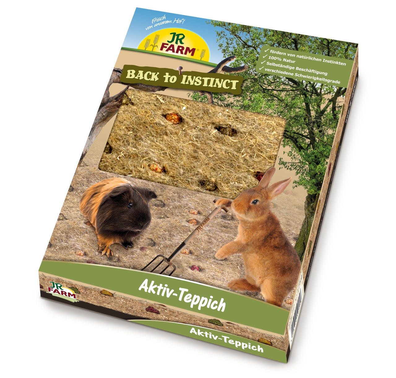 Das Bild zeigt den JR FARM Aktiv-Teppich, ein Naturprodukt für Kleintiere wie Kaninchen und Meerschweinchen. Der Teppich fördert natürliche Instinkte, besteht aus 100 % Naturmaterialien und bietet verschiedene Schwierigkeitsgrade zur Beschäftigung. Verpac