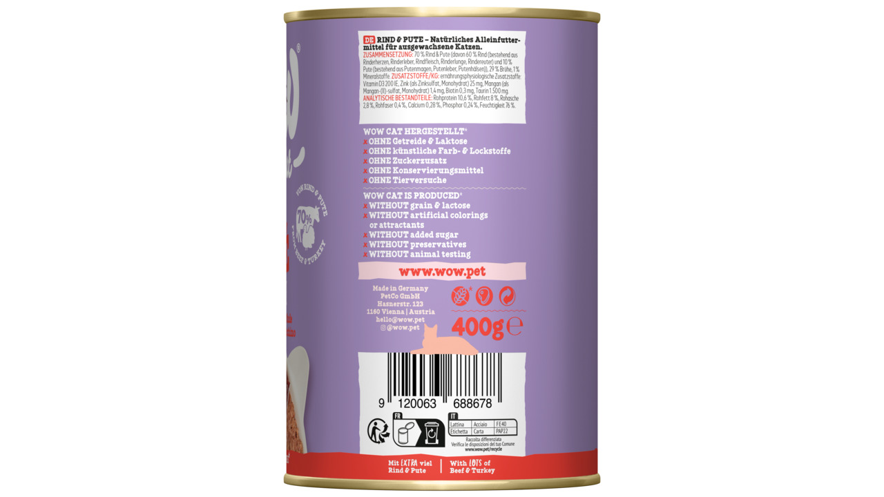 WOW CAT Rind & Pute, Alleinfutter f. Katzen, 400 g, getreidefrei, ohne künstl. Zusätze, Zucker, Konservierungsmittel & Tierversuche.