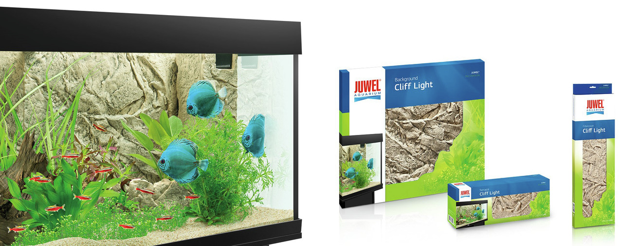 Das Bild zeigt das Produkt "JUWEL Cliff Light Rückwand" für Aquarien. Es handelt sich um eine dekorative Rückwand mit natürlicher Felsoptik, die für Süßwasseraquarien geeignet ist. Die Zielgruppe sind Aquarienbesitzer, die Wert auf eine ästhetische Gestal