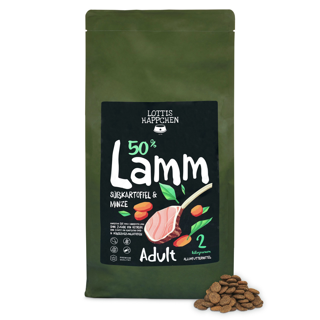 Lottis Häppchen 50 % Lamm, Adult, Lamm mit Süßkartoffel & Minze, 2 kg, Premium-Alleinfutter, grüne Packung, braune Kroketten.