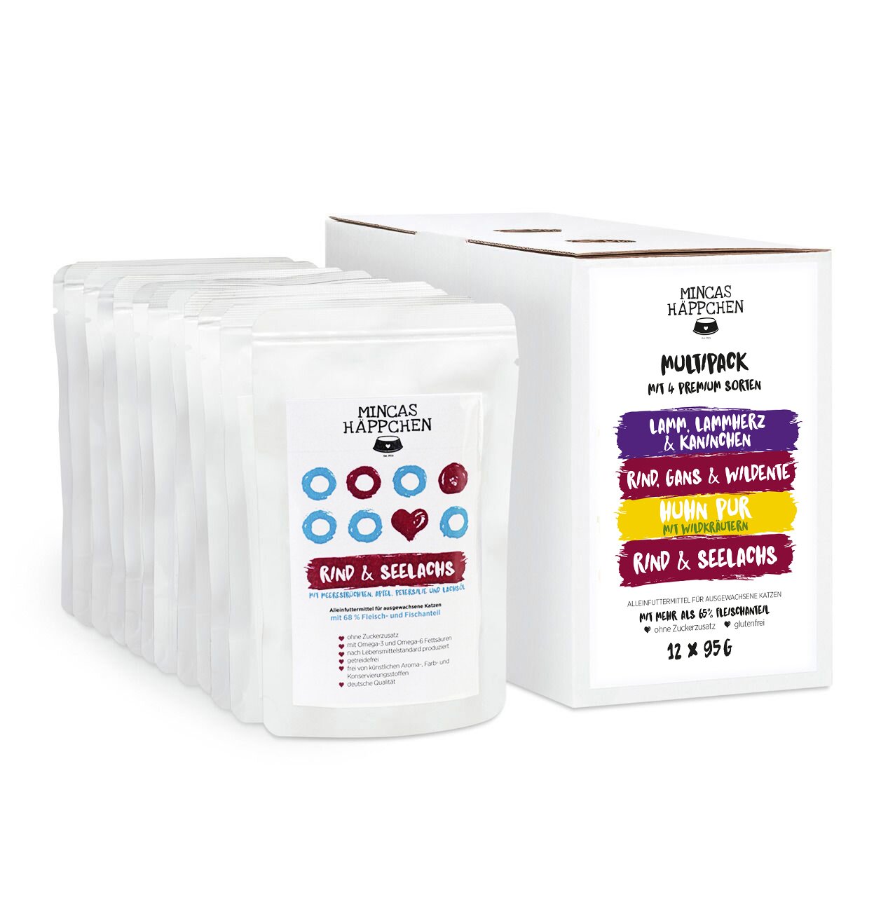 Mincas Häppchen Multipack: Premium-Nassfutter f. Katzen, 12x95g, Sorten Lamm, Rind, Gans, Huhn, Seelachs, ohne Zucker-Getreide.