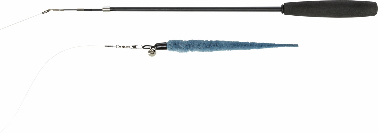 TRIXIE Spielangel für Katzen, interaktives Spielzeug, blaue Plüschspitze mit Glöckchen, fördert Bewegung & Spieltrieb.