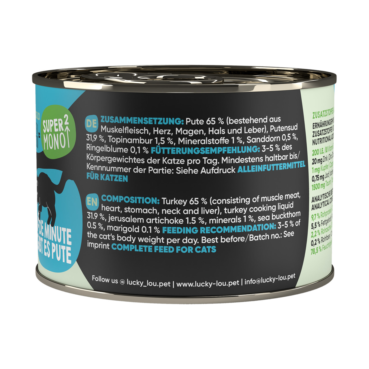 Lucky Lou Katzenfutter Pute, 65 % Pute (Muskelfleisch, Herz, Magen, Hals, Leber), mit Topinambur, Mineralstoffen, Sanddorn, 200 g.