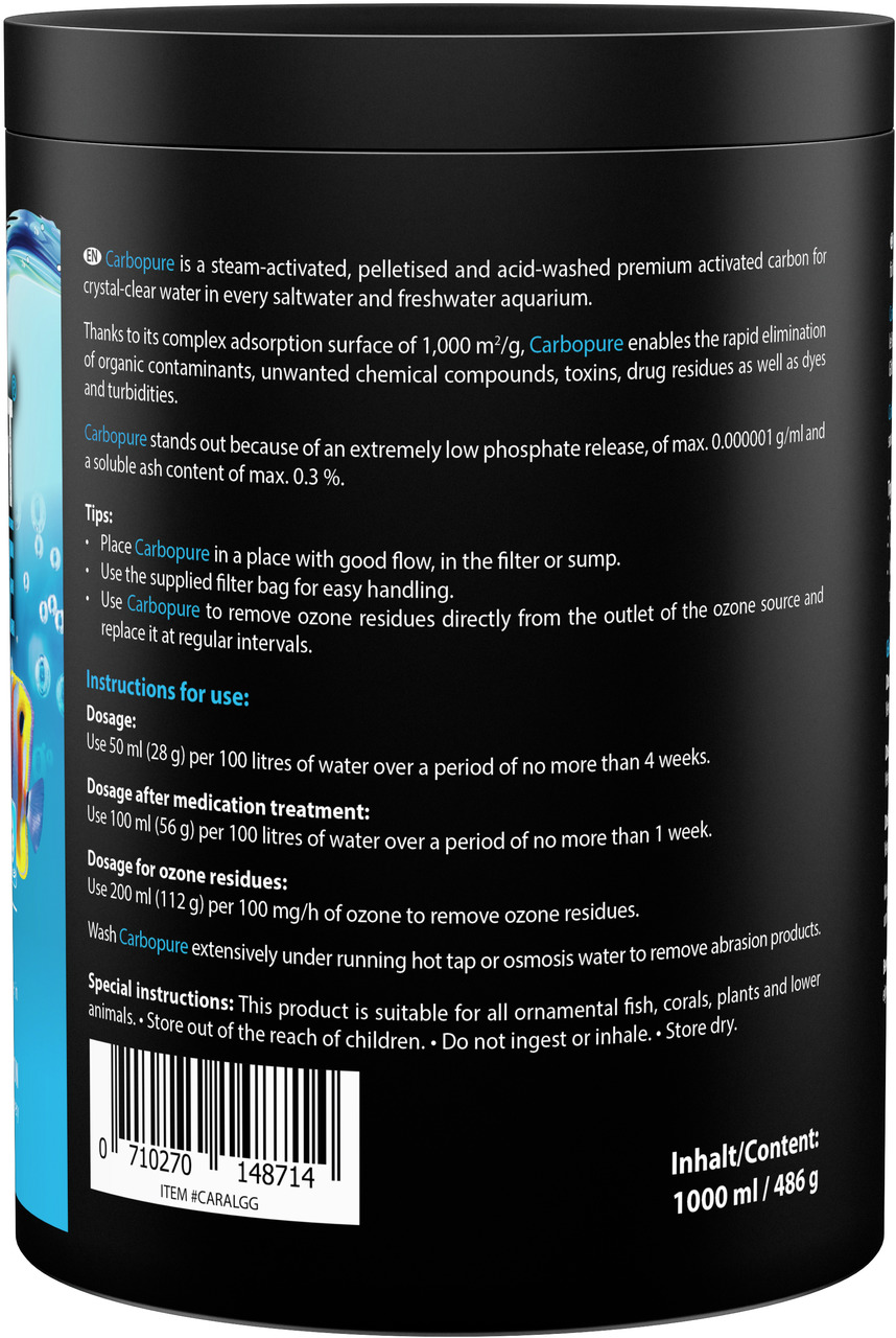 Das Bild zeigt eine schwarze Verpackung des Produkts „MICROBE-LIFT Carbopure“, einem Aktivkohle-Filtermedium für Aquarien. Es ist geeignet für Süß- und Meerwasseraquarien und entfernt organische Verunreinigungen, Toxine und Farbstoffe. Die Verpackung enth