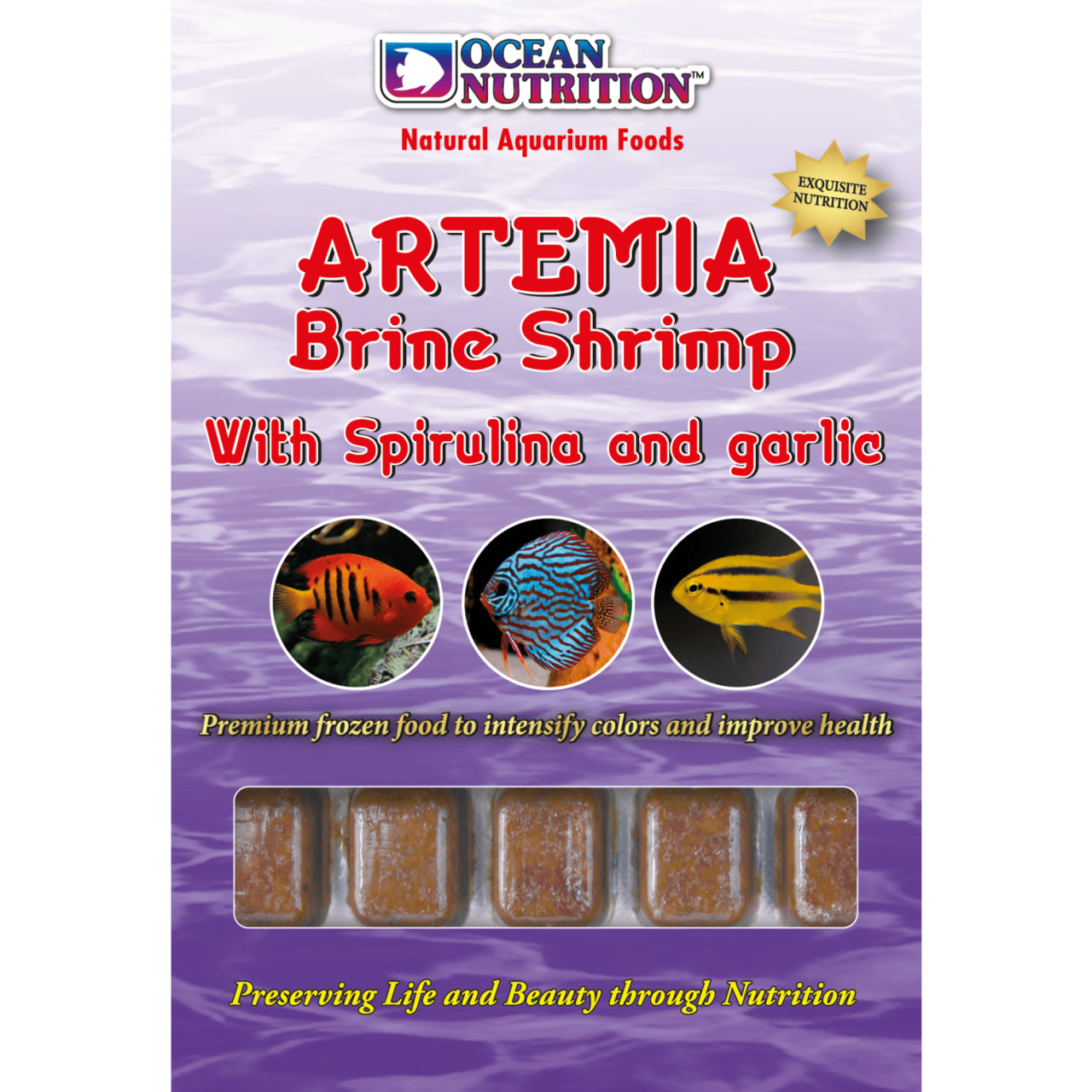 Das Bild zeigt das Produkt "Ocean Nutrition Artemia Brine Shrimp with Spirulina and Garlic", ein hochwertiges Frostfutter für Zierfische. Es ist speziell für Aquarienfische entwickelt, um Farben zu intensivieren und die Gesundheit zu fördern. Die Verpacku