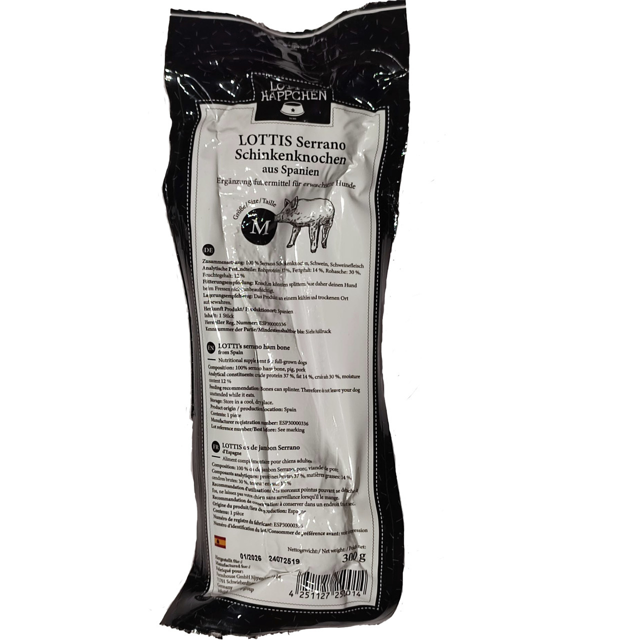Das Bild zeigt die Verpackung des Produkts „LOTTIS HÄPPCHEN Serrano Schinkenknochen aus Spanien“. Es handelt sich um einen Ergänzungsfuttermittel-Kauknochen für ausgewachsene Hunde. Der Knochen ist 100 % natürlich und reich an Proteinen. Die Verpackung en