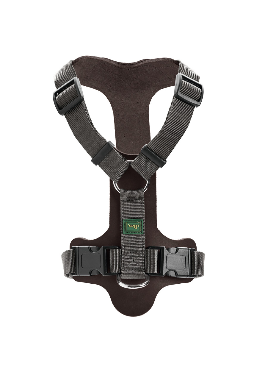 HUNTER Norwegergeschirr für mittelgroße/große Hunde, Nylon, Schwarz, verstellbar, gepolstert, 2 Klickverschlüsse, Metallring.