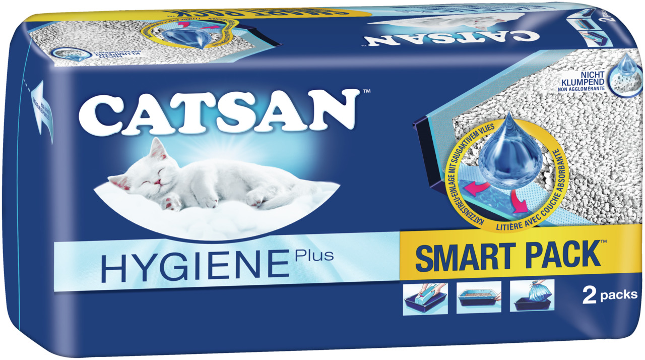 Catsan Hygiene Plus Smart Pack, Katzenstreu, nicht klumpend, hohe Saugfähigkeit, hygienische Frische, 2 Packs.