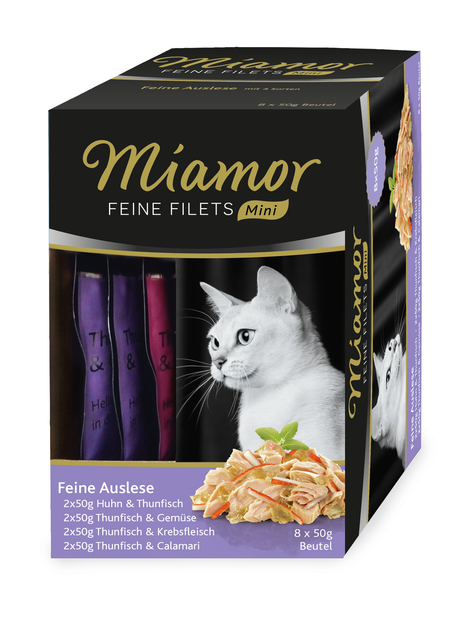 Miamor Feine Filets Mini, Katzenfutter, 8x50g, Sorten: Huhn&Thunfisch, Thunfisch&Gemüse, Thunfisch&Krebs, Thunfisch&Calamari.