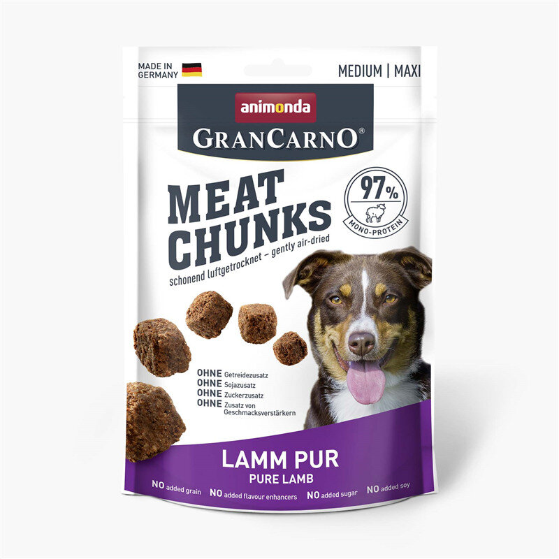Animonda GranCarno Meat Chunks für Medium-Maxi Hunde, Geschmack Lamm pur, luftgetrocknet, 97% Monoprotein, 100g Packung.