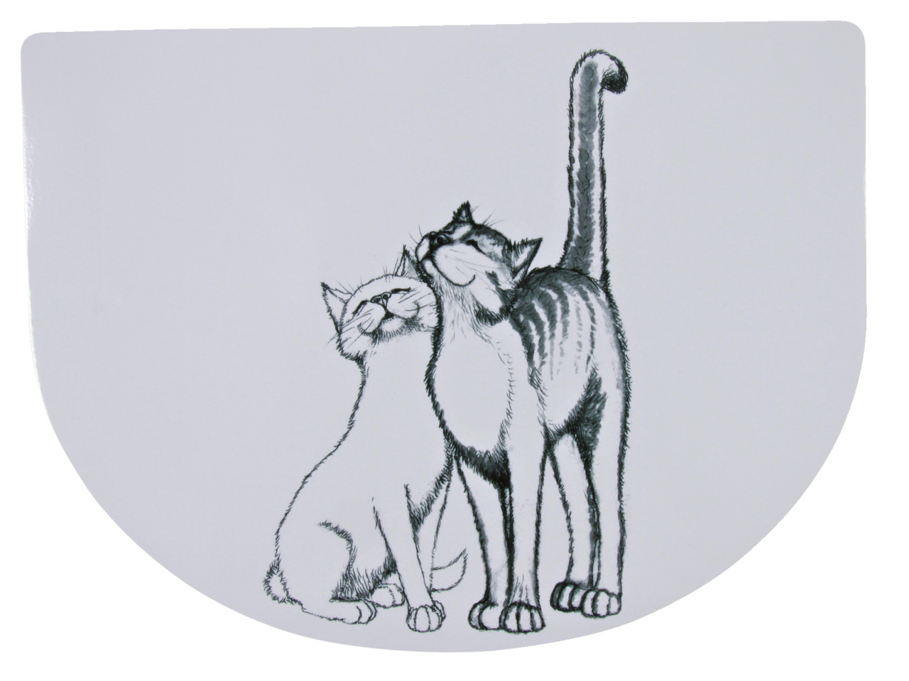 Auf dem Bild ist eine halbrunde Katzentoilette-Vorlage der Marke TRIXIE zu sehen. Die Illustration zeigt zwei Katzen, eine helle und eine gestreifte, die sich aneinander schmiegen und zufrieden wirken. Das Produkt richtet sich an Katzenbesitzer und dient 