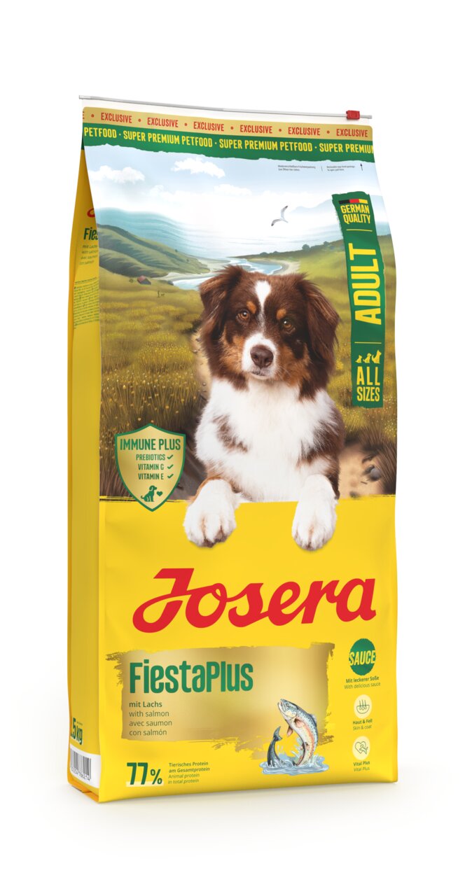 Josera FiestaPlus Trockenfutter für ausgewachsene Hunde, Geschmacksrichtung Lachs, 5 kg Packung, mit Sauce und Immune Plus.