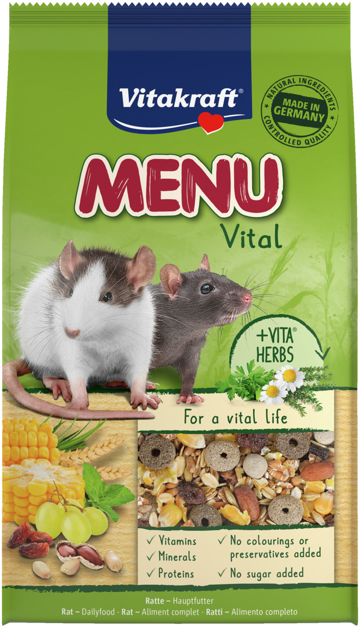 Vitakraft Menu Vital Ratten-Hauptfutter Kräuter+Vita Herbs, 1 kg, natürliche Zutaten, ohne Zucker, Farb--Konservierungsstoffe.
