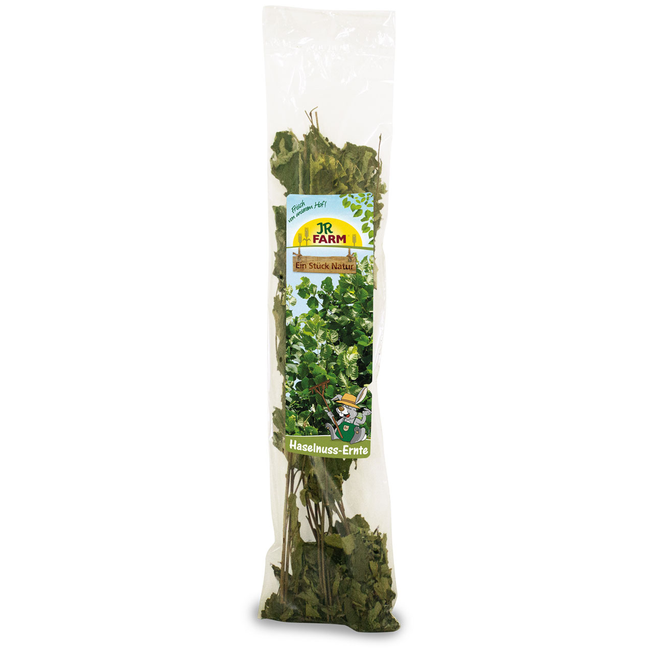 JR FARM Haselnuss-Ernte, Naturprodukt f. Kleintiere (Kaninchen, Nager), getr. Haselnusszweige m. Blättern, Menge sichtbar.