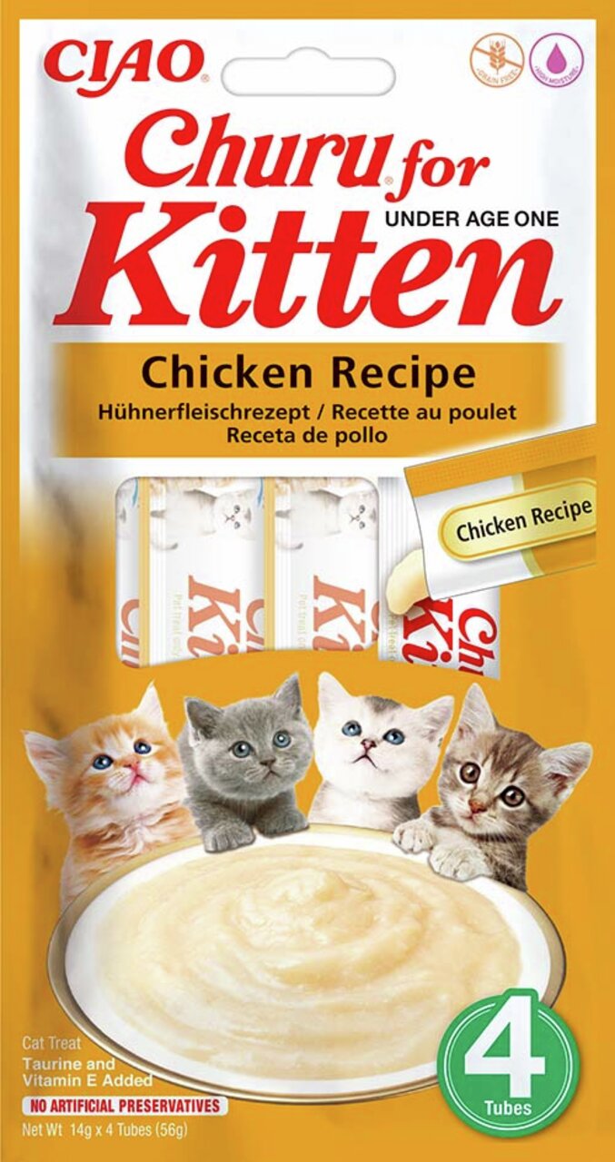 CIAO Churu for Kitten, Hühnchen, Ergänzungsfutter für Kätzchen unter 1 Jahr, 4 Tuben à 14 g, mit Taurin und Vitamin E.