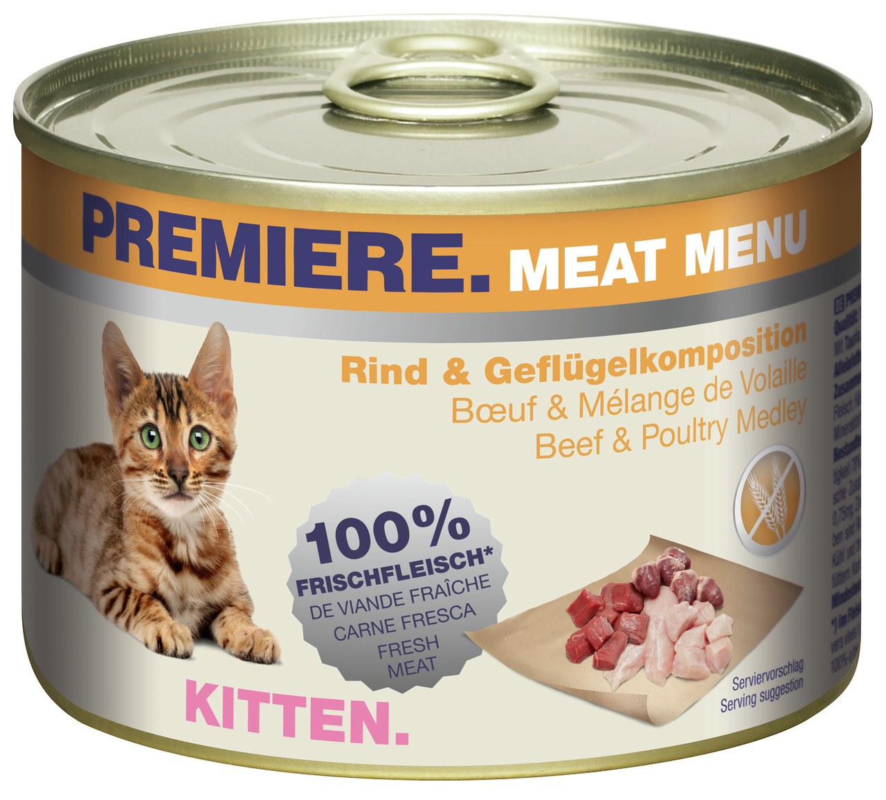 PREMIERE MEAT MENU Katzenfutter Kitten, Rind & Geflügel, 100 % Frischfleisch, Fleischstücke abgebildet.