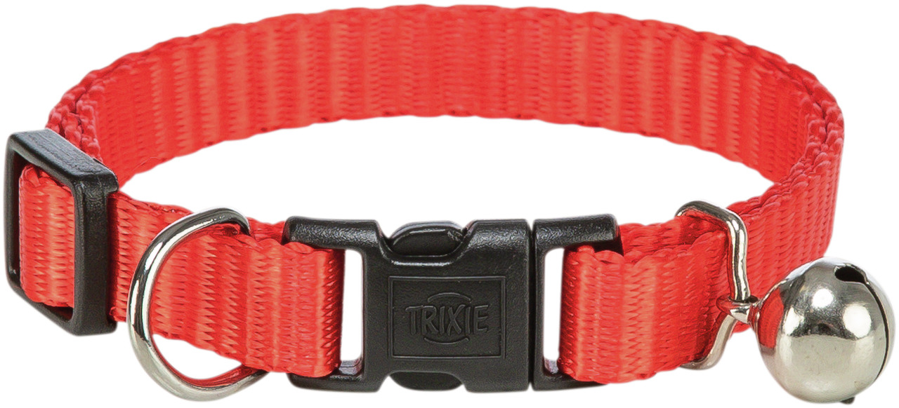 Rotes Katzenhalsband der Marke TRIXIE mit Glocke und Sicherheitsverschluss. Geeignet für Katzen, bietet es Komfort und Sicherheit. Das Halsband ist aus robustem Nylon gefertigt und individuell verstellbar. Die Glocke hilft, die Katze zu lokalisieren. Idea