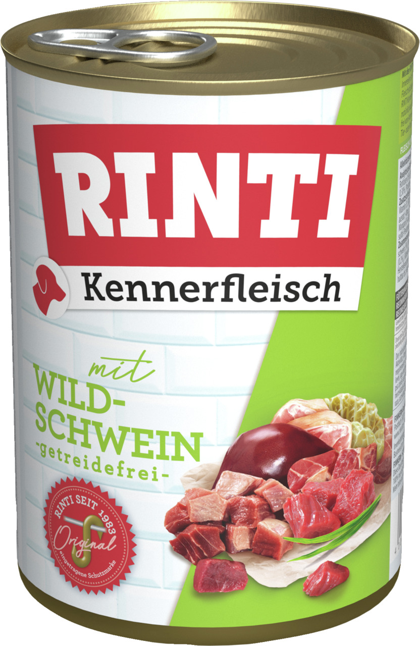 RINTI Kennerfleisch Wildschwein, getreidefrei, für Hunde, 400 g. Natürl. Rezeptur, ideal für ernährungssensible Hunde.
