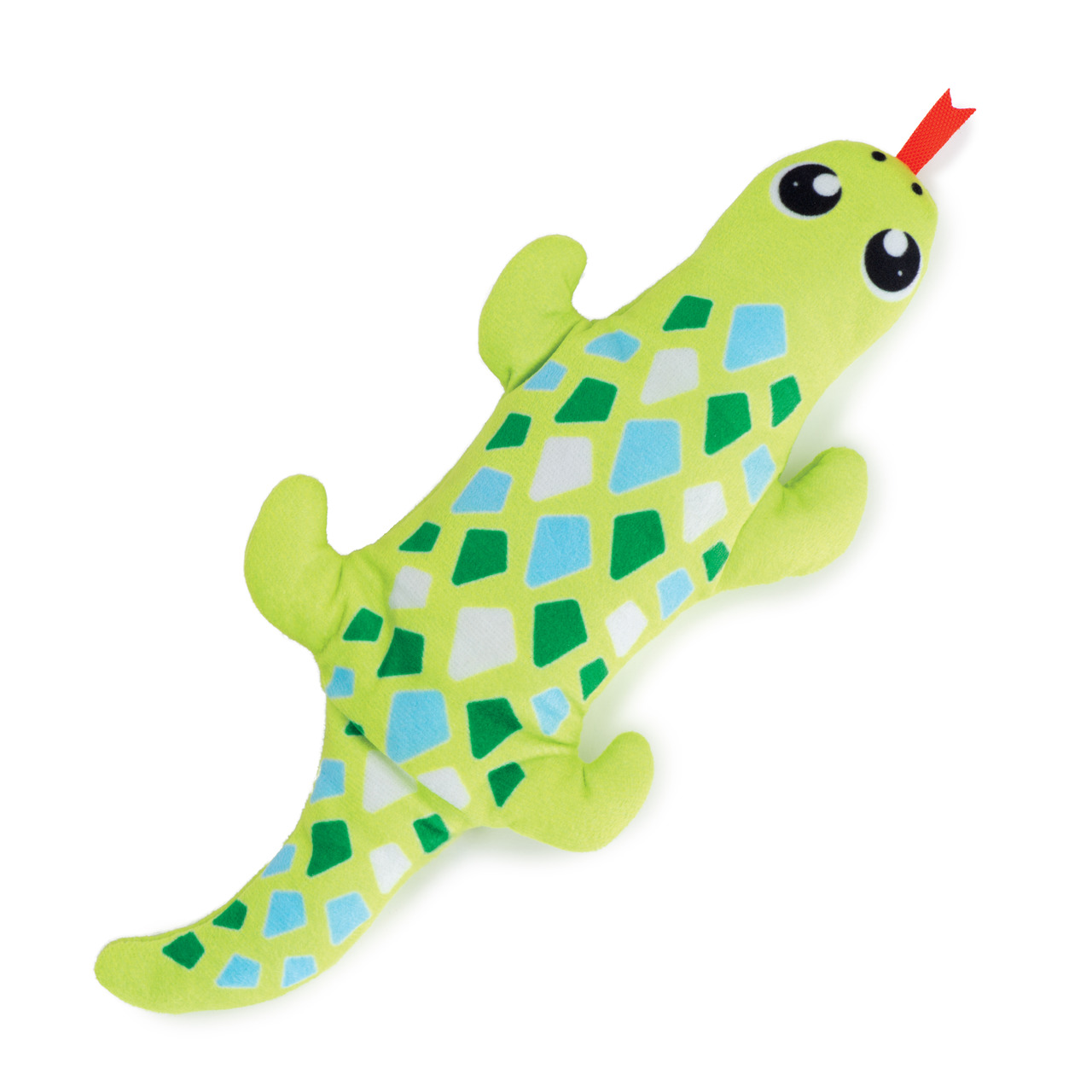 Das Bild zeigt ein Katzenspielzeug der Marke Catit in Form eines grünen Geckos mit buntem Muster aus blauen, grünen und weißen Formen. Das Spielzeug ist für Katzen als Zielgruppe geeignet und enthält eine rote Zunge als Detail. Es dient der Unterhaltung u