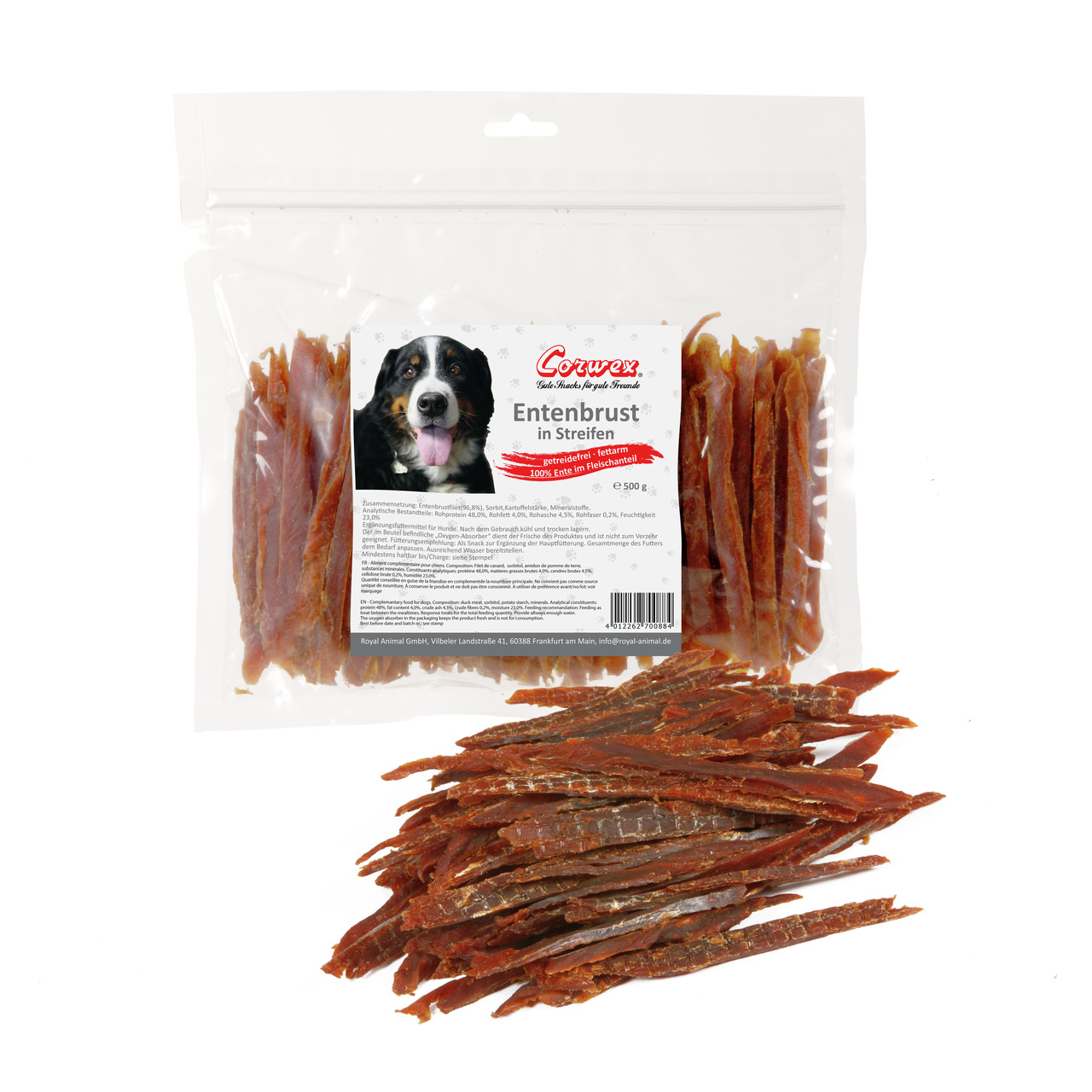Corwex Entenbrust-Streifen, Hundesnack f. erw. Hunde, Ente, fettarm, 100 % Entenfleisch, 500 g.