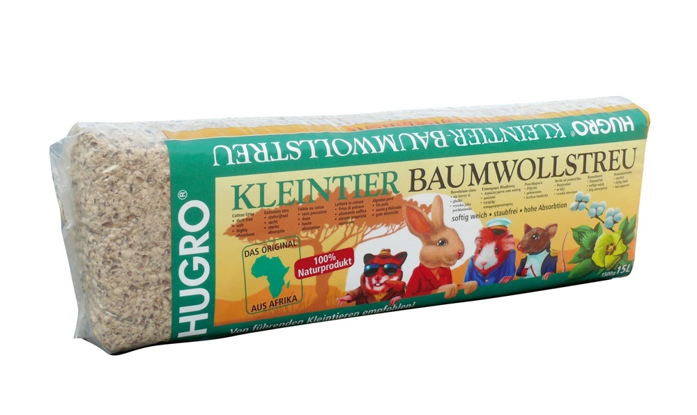 Das Bild zeigt eine Verpackung der Marke HUGRO mit dem Produktnamen "Kleintier Baumwollstreu". Zielgruppe sind Kleintiere wie Kaninchen, Meerschweinchen und Mäuse. Die Streu ist ein 100% Naturprodukt, staubfrei, weich und bietet hohe Absorption. Die Verpa