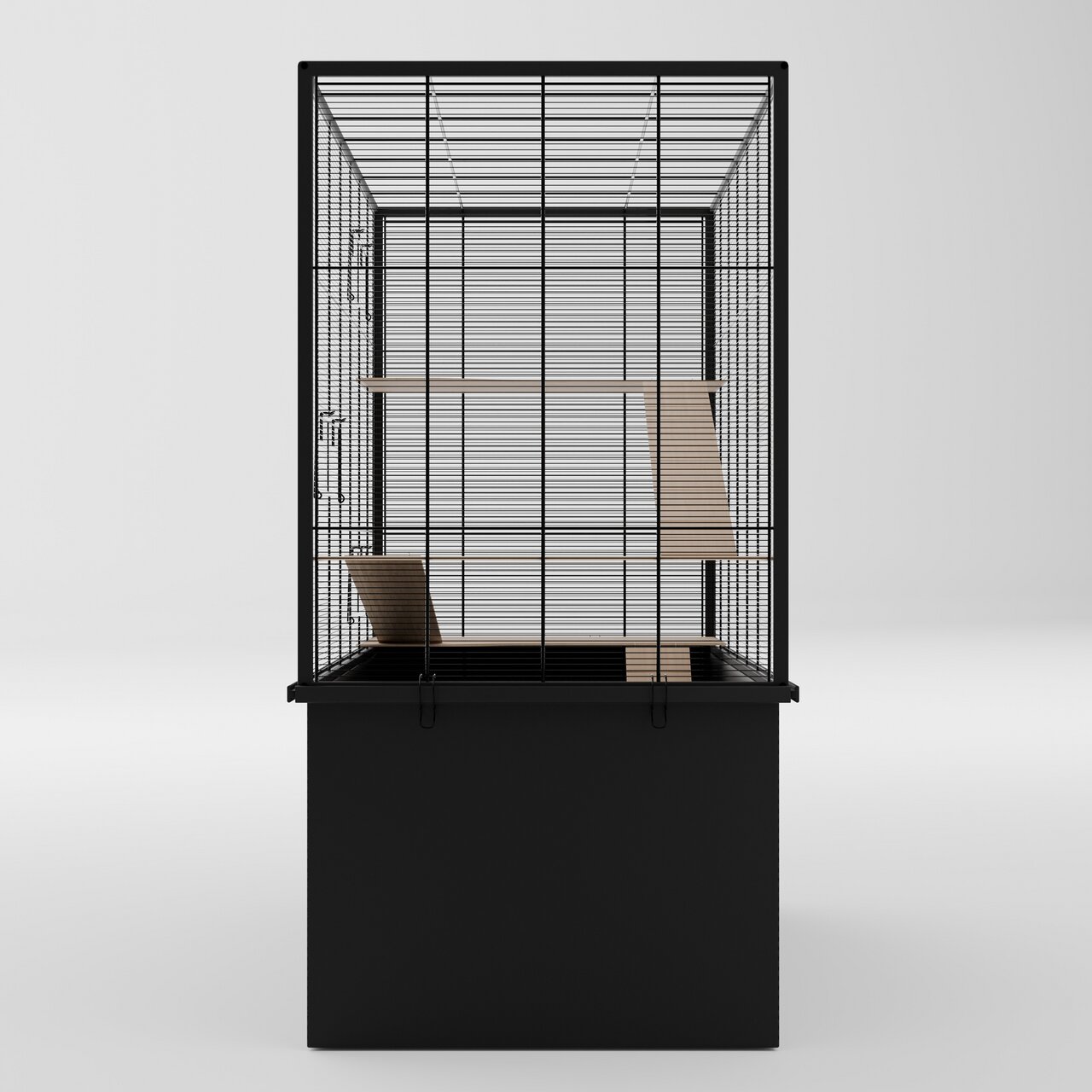 Das Bild zeigt den Allpets Kleintierkäfig, geeignet für kleine Haustiere wie Hamster oder Mäuse. Der Käfig besteht aus einem schwarzen Metallgitter und einer stabilen Kunststoffbasis. Innen befinden sich mehrere Holzplattformen und Rampen, die für Bewegun