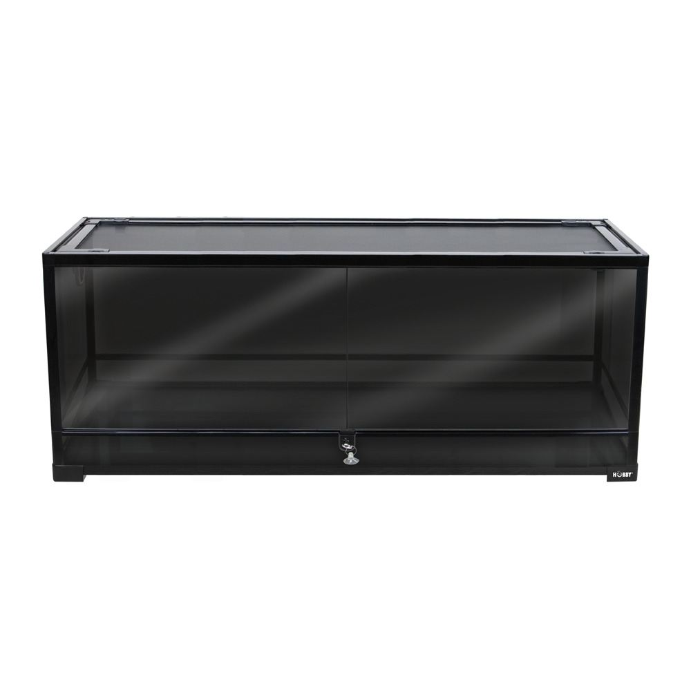 HOBBY Glas-Terrarium, für Reptilien & Amphibien, robustes Glas, schwarze Rahmenkonstruktion, verschließbare Tür, belüftete Abdeckung.