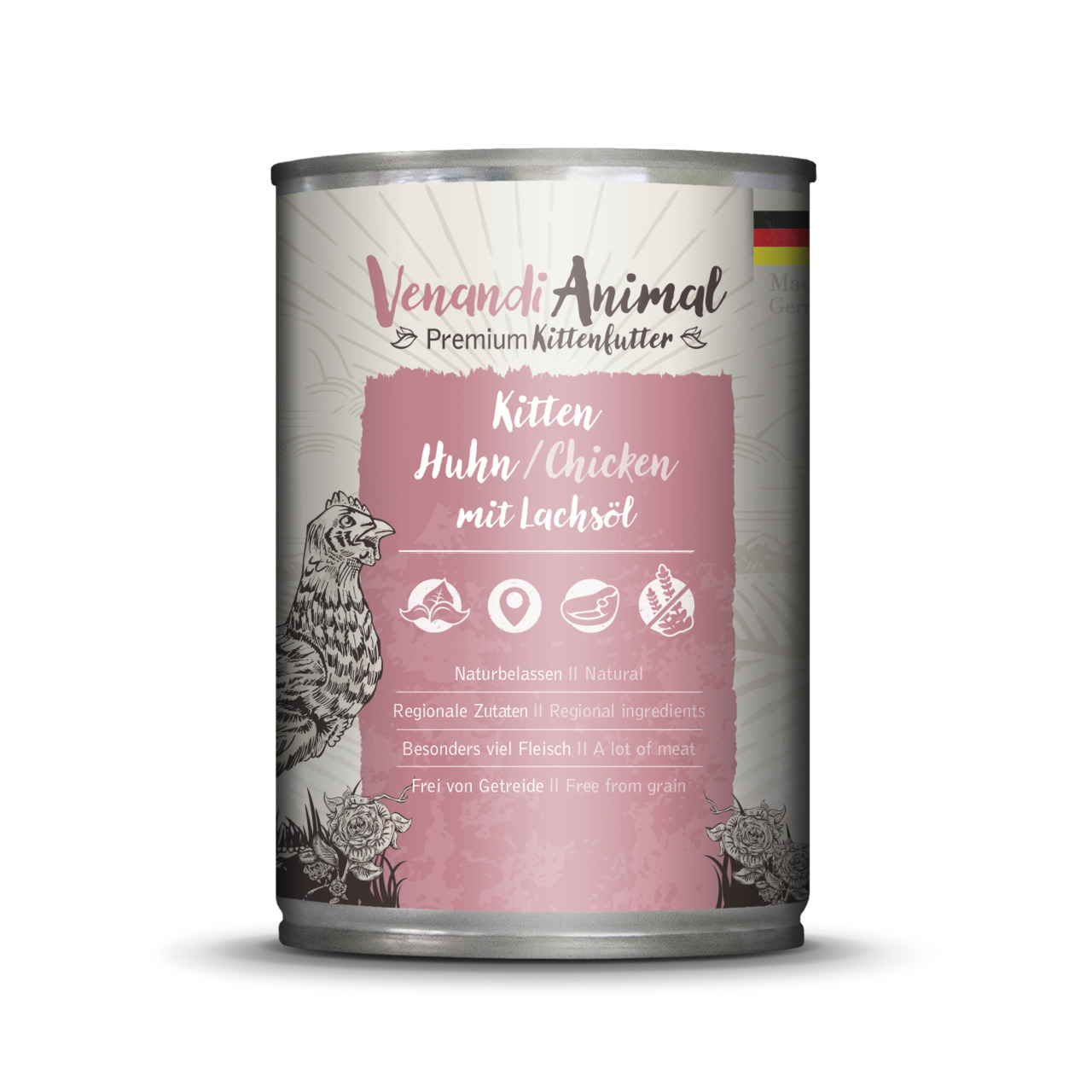 Venandi Animal Premium Kittenfutter, Huhn & Lachsöl, für Kätzchen, getreidefrei, reich an Fleisch, 200 g, natürliche Zutaten.