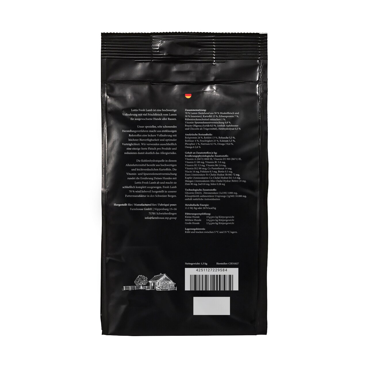 Rückseite der Verpackung von Lottis Häppchen Trockenfutter "Lamb" für Hunde, 1,5 kg, mit Inhaltsstoffen und Herstellerangaben.